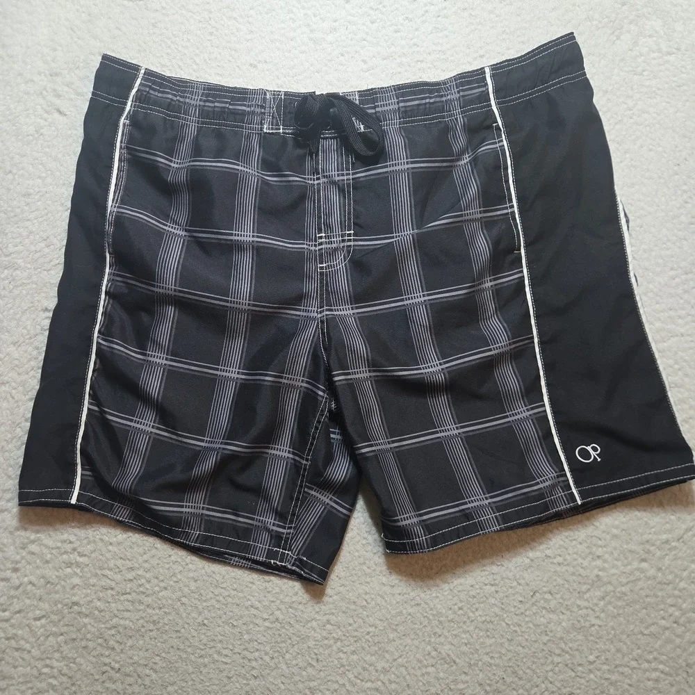 OP (Ocean Pacific) Men's Blac Plaid Board Shorts/Swim Trunks Size 44 Y2K